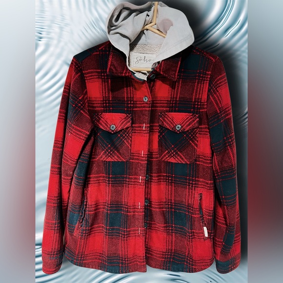 Soho Threads Hooded Sherpa Plaid Shacket Jacket - Picture 1 of 3